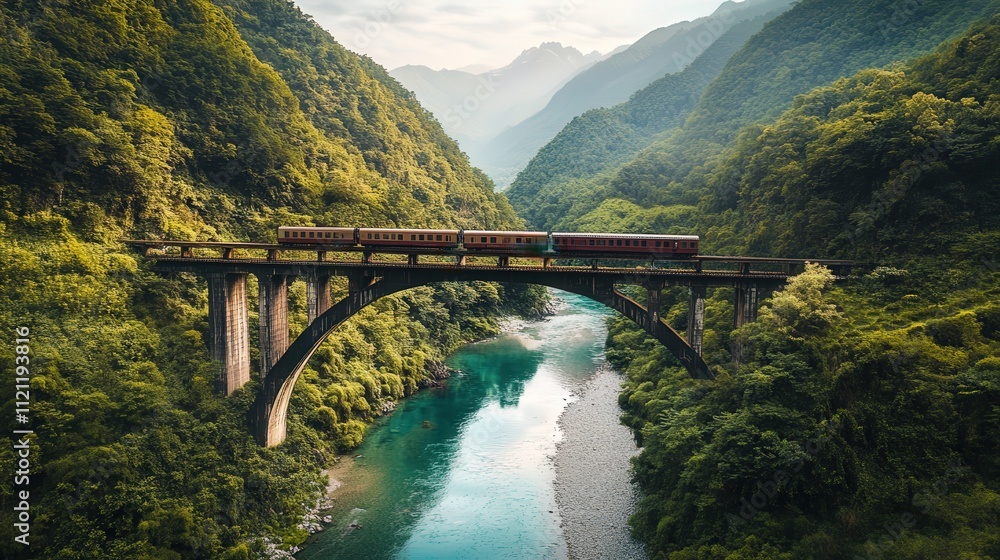 train crossing a river bridge in the middle of a mountain range, train crossing a river bridge in the middle of a mountain range,