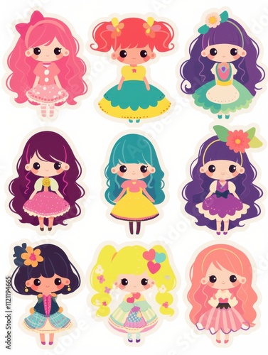 Cheerful Cartoon Girl Stickers: A Diverse Hair and Costume Collection