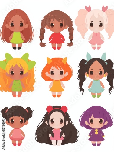 Cheerful Cartoon Girl Stickers: A Diverse Hair and Costume Collection