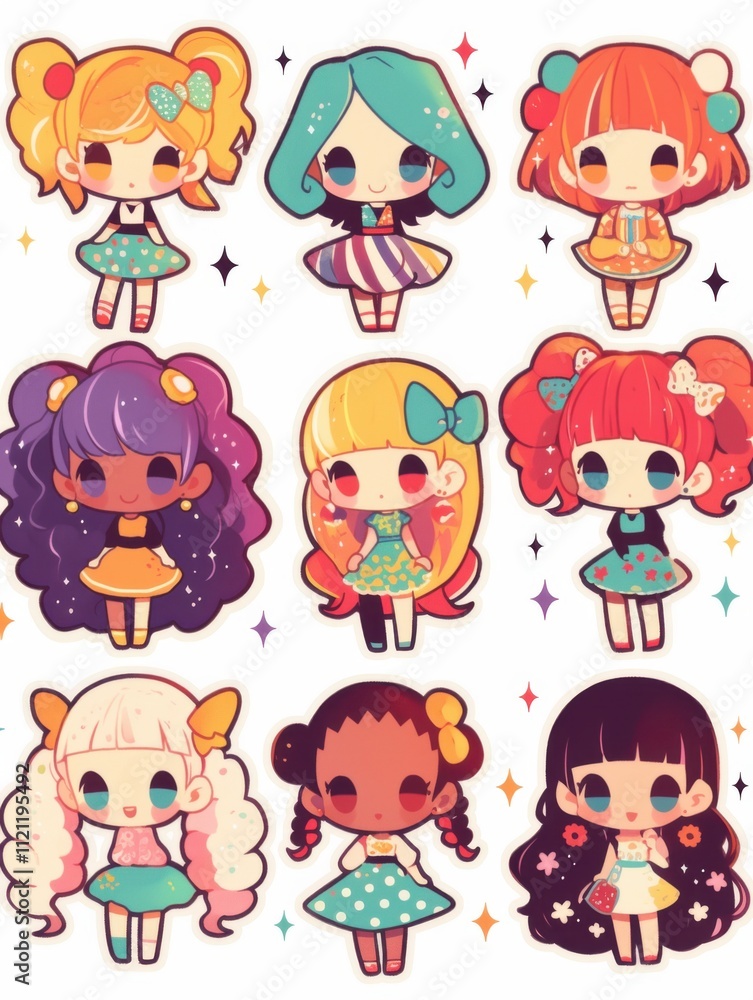 Cheerful Cartoon Girl Stickers: A Diverse Hair and Costume Collection Cheerful Cartoon Girl Stickers: A Diverse Hair and Costume Collection