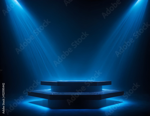 futuristic glowing blue stage with spotlight beams in dark background, modern platform design with layered shapes, minimal futuristic podium scene for product display or presentations photo