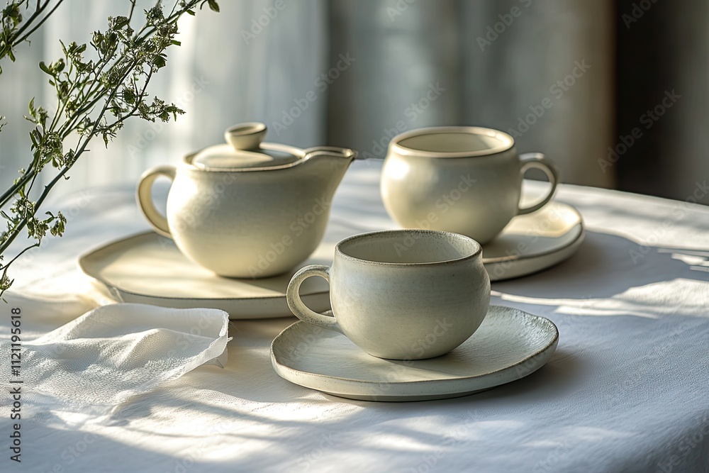 Natural curves ceramic tea set smooth glazed finish pastel tones white table setting artistic perspective warm lighting Natural curves ceramic tea set smooth glazed finish pastel tones white table setting artistic perspective warm lighting