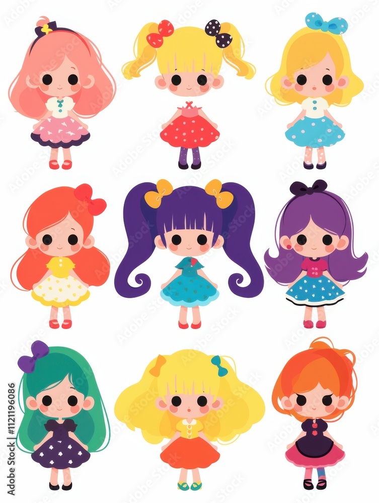 Cheerful Cartoon Girl Stickers: A Diverse Hair and Costume Collection Cheerful Cartoon Girl Stickers: A Diverse Hair and Costume Collection