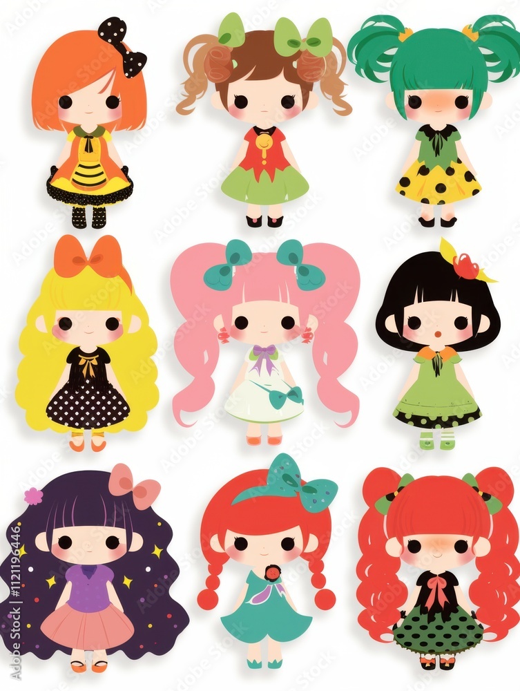 Cheerful Cartoon Girl Stickers: A Diverse Hair and Costume Collection Cheerful Cartoon Girl Stickers: A Diverse Hair and Costume Collection