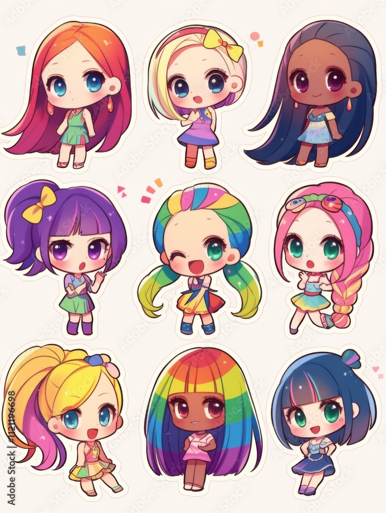 Cheerful Cartoon Girl Stickers: A Diverse Hair and Costume Collection Cheerful Cartoon Girl Stickers: A Diverse Hair and Costume Collection
