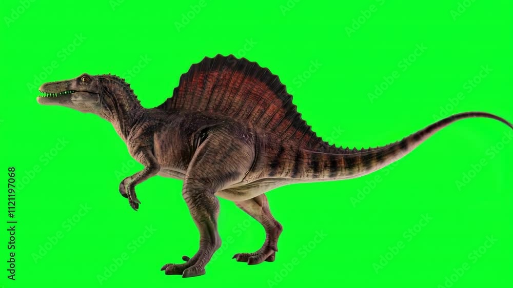 Spinosaurus Dinosaur Stomping on Vibrant Green Screen, Capturing Imagination with Playful Energy, Perfect for Creative Media Projects