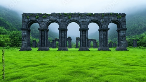 Ancient Ruins in a Misty Meadow: A haunting yet captivating photograph showcasing a weathered, moss-covered archway standing amidst a verdant meadow under a sky veiled in mist. photo