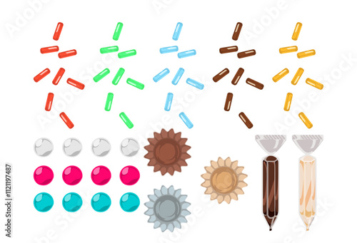 チョコスプレーとペン、包装紙と銀粒のイラスト