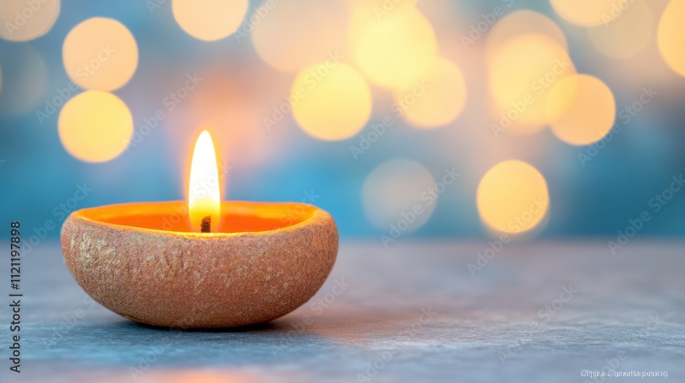 Warm Candle Flame in Decorative Bowl with Blurred Background Warm Candle Flame in Decorative Bowl with Blurred Background