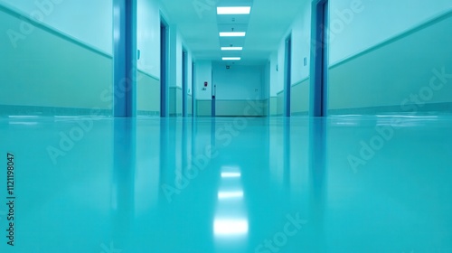 Bright and Clean Hospital Corridor with Shiny Blue Flooring