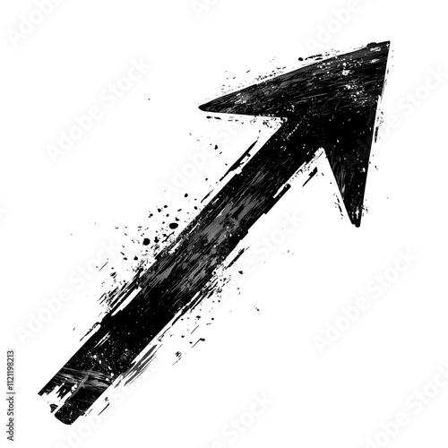 【グランジデザイン】力強い上昇矢印の手描きアート｜モノクロで表現するダイナミックなブラシストローク｜抽象的でアーティスティックな方向性のグラフィック｜クリエイティブな書道風デザイン要素【モダンイラスト・デジタルアート】