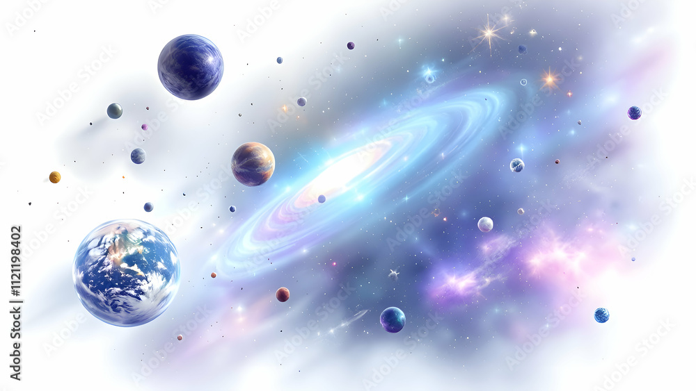 Naklejka premium Galaxy with planets and stars isolated on white