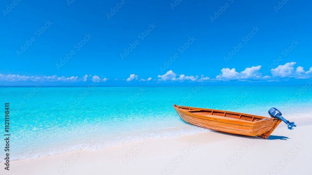 Naklejka premium Tranquil Escape: Wooden Rowboat on a Pristine Beach