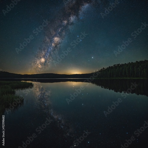 A calm lake reflecting a starry night sky with the Milky Way above.