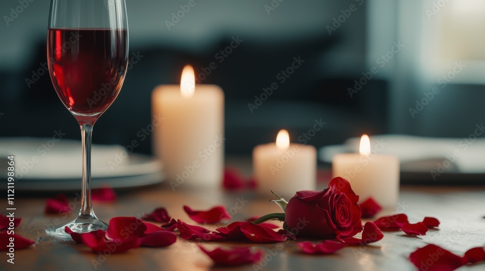 Romantic Dinner Setting with Red Wine Glass, Candlelight, Rose Petals, and Beautiful Red Rose on Wooden Table for Special Occasions and Celebrations Romantic Dinner Setting with Red Wine Glass, Candlelight, Rose Petals, and Beautiful Red Rose on Wooden Table for Special Occasions and Celebrations