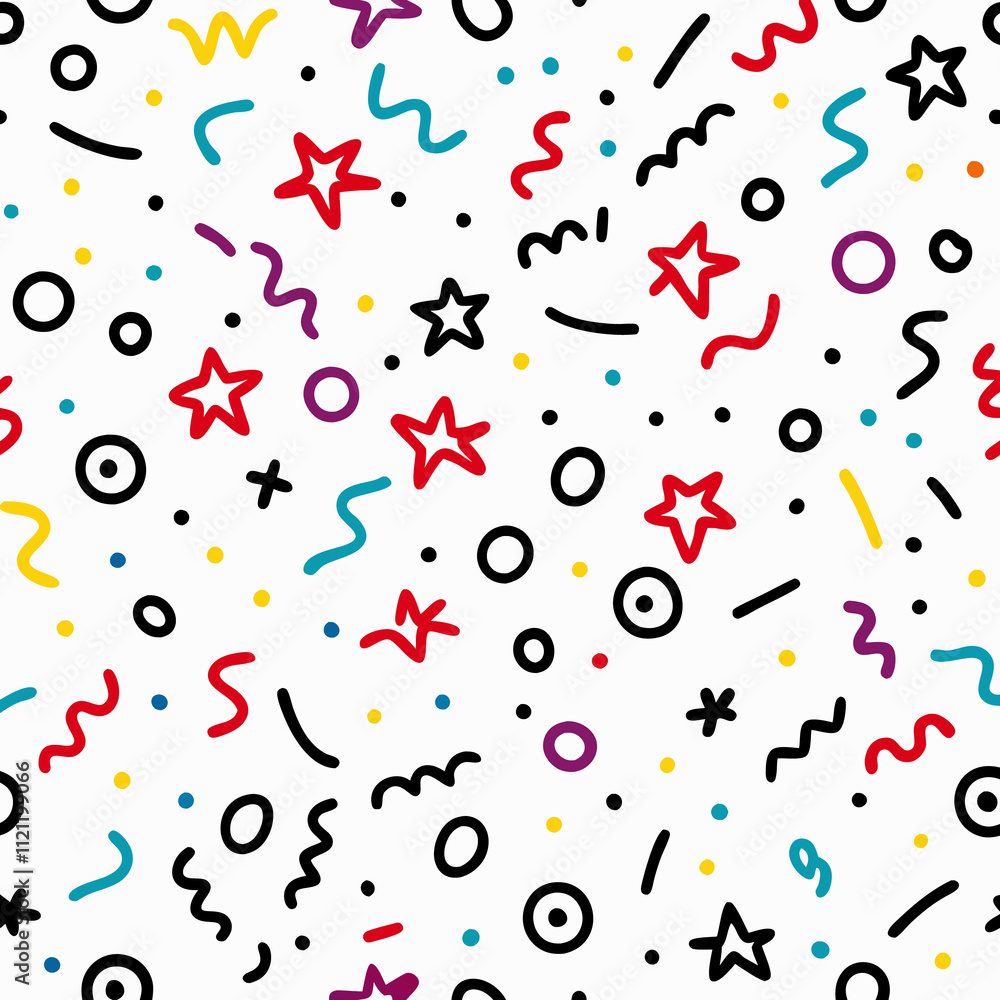 Colorful confetti and doodle seamless pattern. Colorful confetti and doodle seamless pattern.