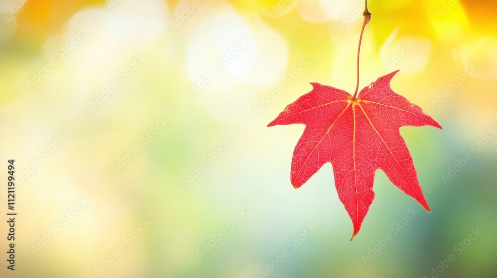 Fototapeta premium Bright Red Maple Leaf Hanging from Branch Against Soft Background