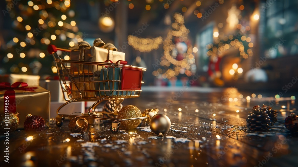 Shopping cart filled with christmas gifts in a minimalist room with a blurred christmas tree Shopping cart filled with christmas gifts in a minimalist room with a blurred christmas tree
