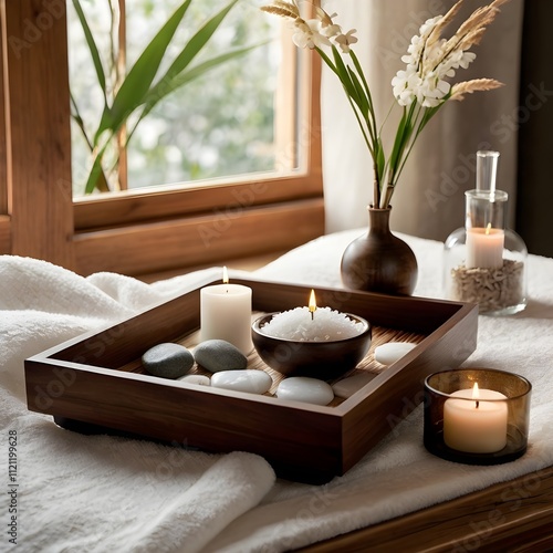 A serene square composition showcasing a luxurious spa setup.