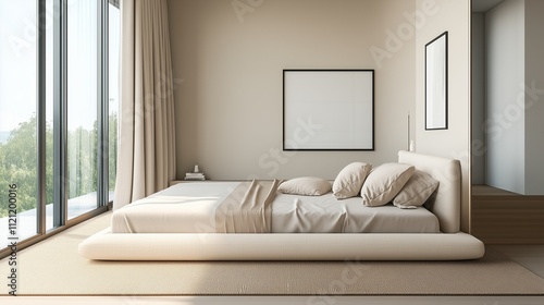 A minimalist bedroom with neutral tones, an oversized bed, and floor-to-ceiling windows that allow natural light to highlight the clean, simple lines of the design. photo