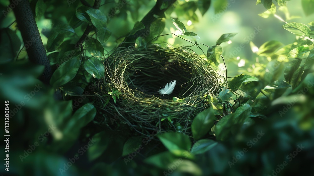 bird nest nestled in a tree, surrounded by bright green foliage. The nest is woven together from twigs and leaves bird nest nestled in a tree, surrounded by bright green foliage. The nest is woven together from twigs and leaves