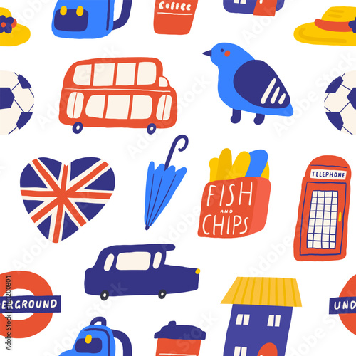 Cute England, English, Great Britain, United Kingdom seamless pattern. Hand drawn doodle repeatable pattern with red bus, pigeon, heart shape flag, taxi cab, house, telephone booth. British background