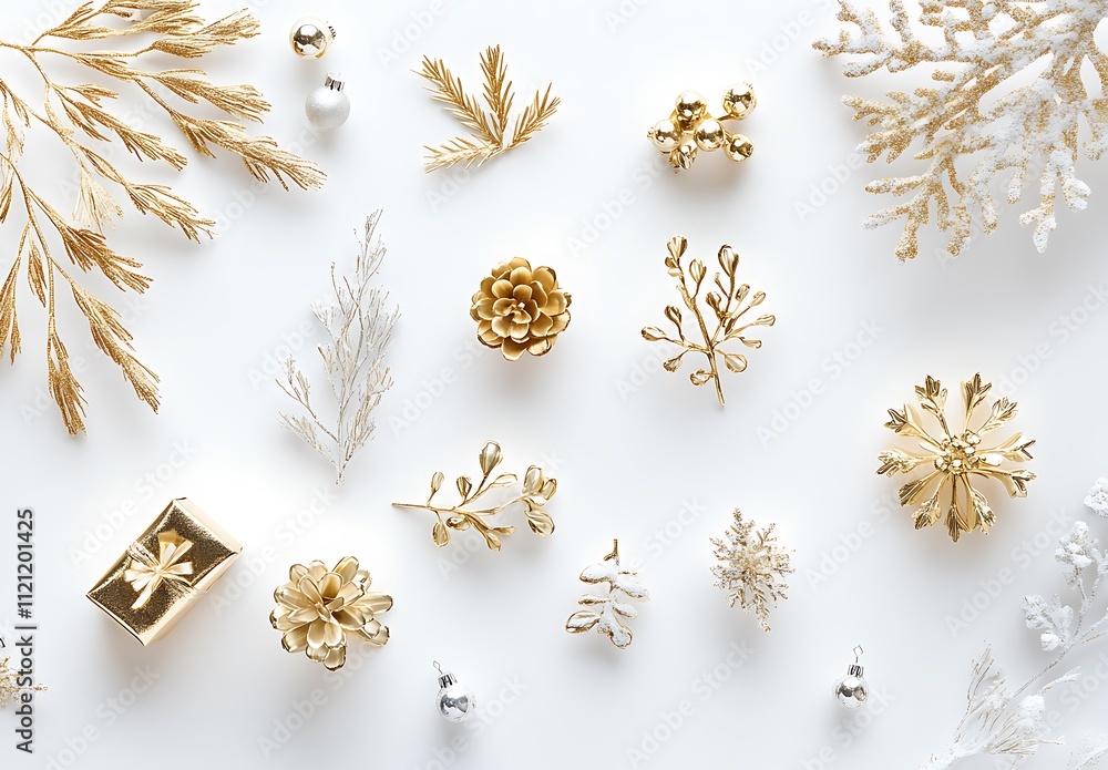 A beige christmas background with golden Christmas decorations and gifts A beige christmas background with golden Christmas decorations and gifts