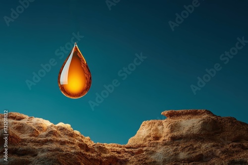 Surreal illustration of an oil drop glowing like a radiant gem in a dreamlike landscape. photo