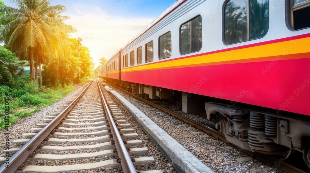 Brightly Colored Train on Railway Tracks in Scenic Landscape Brightly Colored Train on Railway Tracks in Scenic Landscape