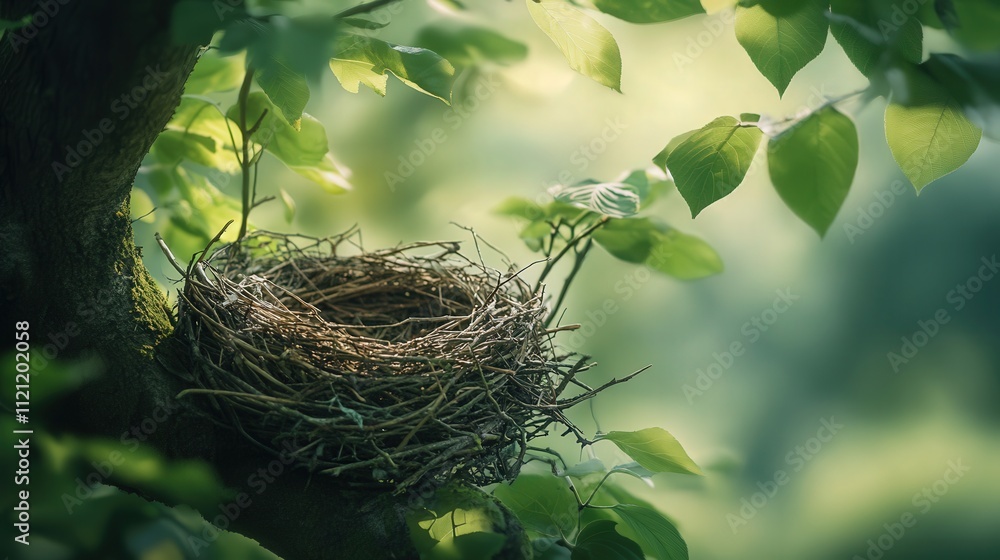 bird nest resting on a tree branch, with a soft breeze swaying the leaves. The nest is made of twigs and grass, bird nest resting on a tree branch, with a soft breeze swaying the leaves. The nest is made of twigs and grass,