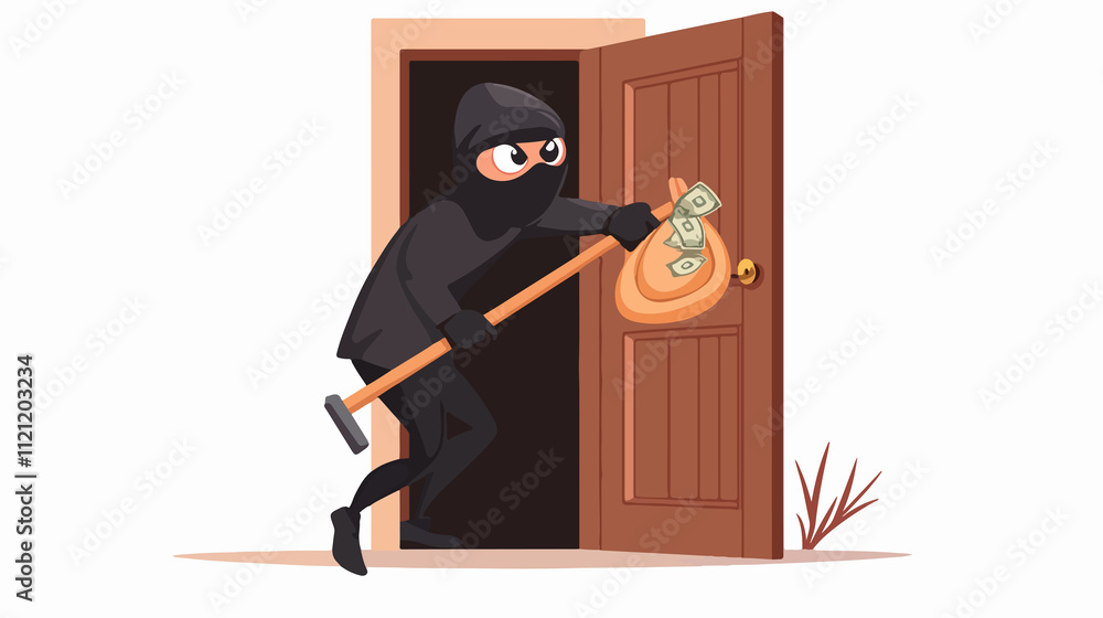 Obraz premium Masked robber using crowbar for break-in. Criminal in black clothes during robbery at night.