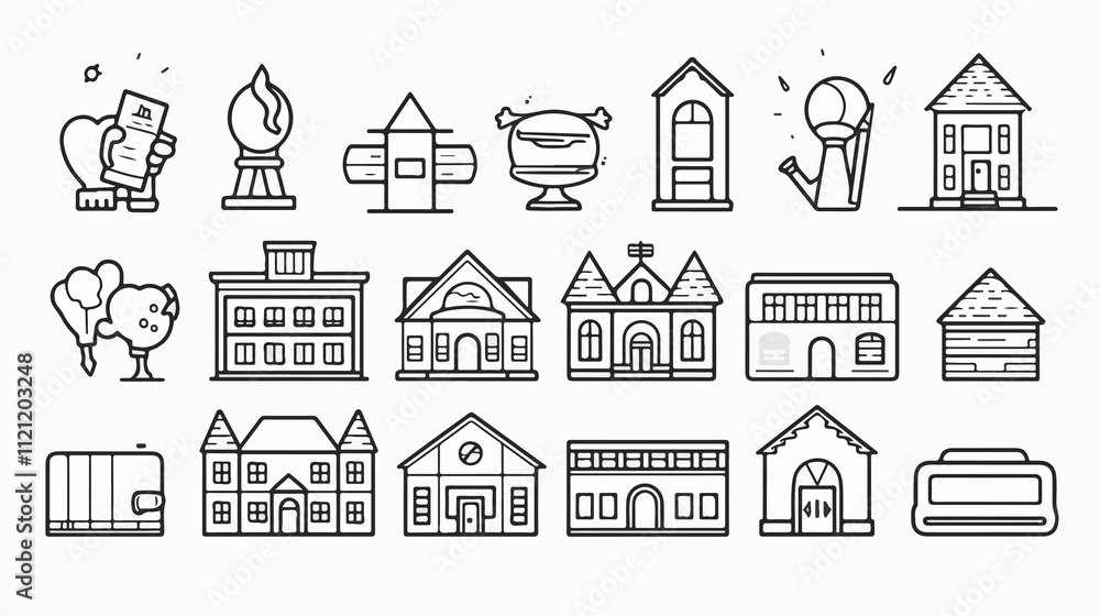 Back to School Cartoon Vector Thin Line Icon Set for Education Projects Back to School Cartoon Vector Thin Line Icon Set for Education Projects