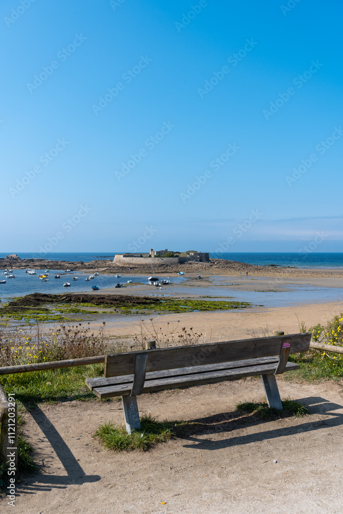 Scenic view of Fort Bloqué with coastal tides in Brittany, France Scenic view of Fort Bloqué with coastal tides in Brittany, France