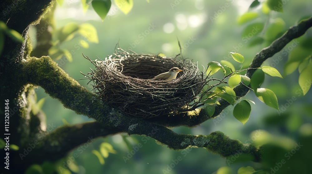 bird nest sitting atop a high tree branch. The nest is constructed from twigs and soft feathers, bird nest sitting atop a high tree branch. The nest is constructed from twigs and soft feathers,