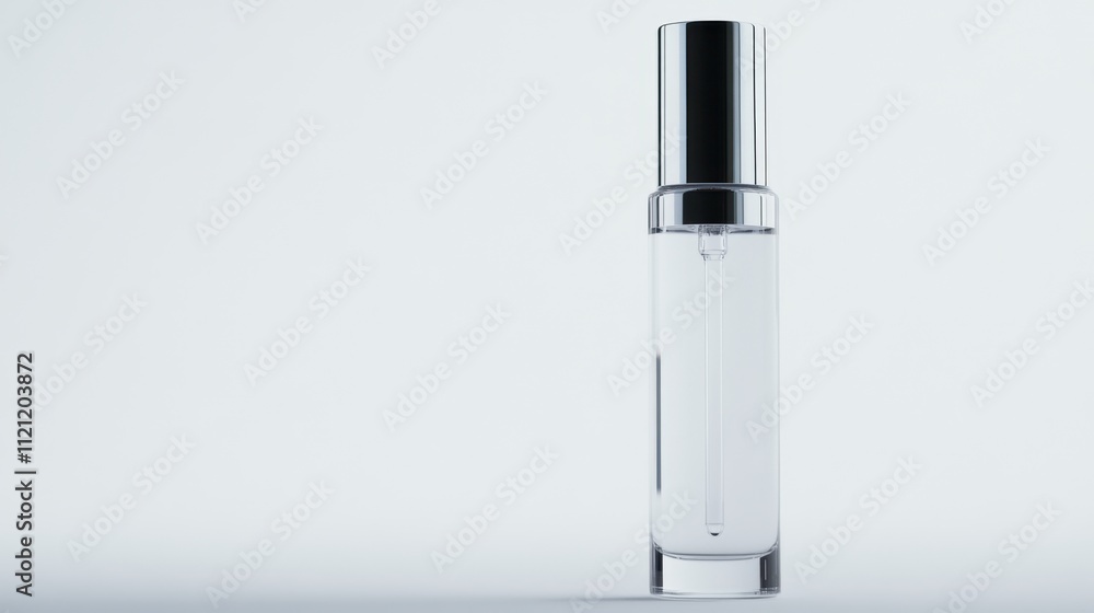 Elegant Glass Bottle with Silver Cap on Minimalist Background Elegant Glass Bottle with Silver Cap on Minimalist Background