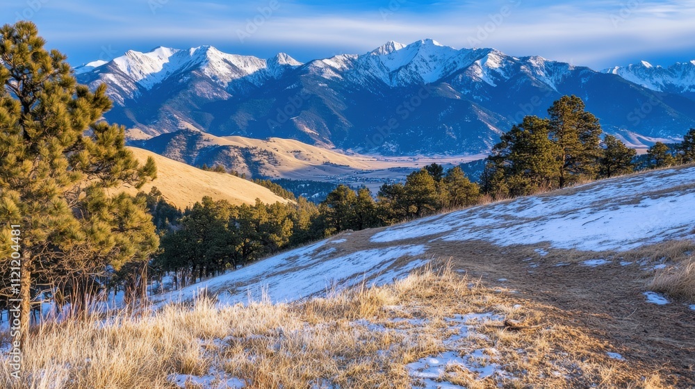 Scenic Mountain Landscape in Winter with Snow-Capped Peaks Scenic Mountain Landscape in Winter with Snow-Capped Peaks