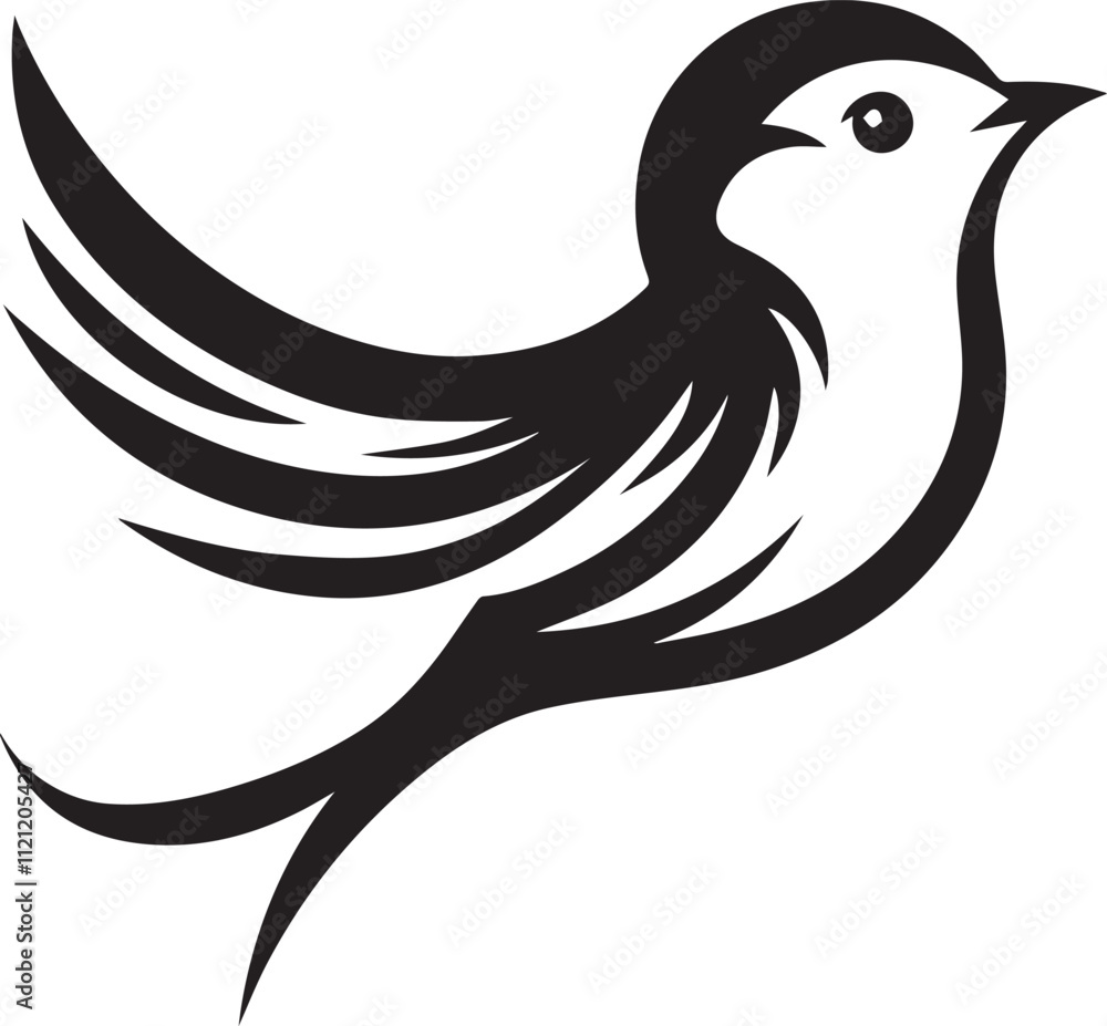 Obraz premium Minimalist black and white bird vector design perfect for logos, illustrations, and creative projects. Clean lines and simple design make it versatile for various digital and print applications.