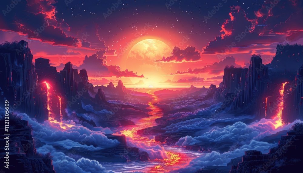 Fototapeta premium Lava River Flows Through Fantasy Landscape Under Crimson Moon