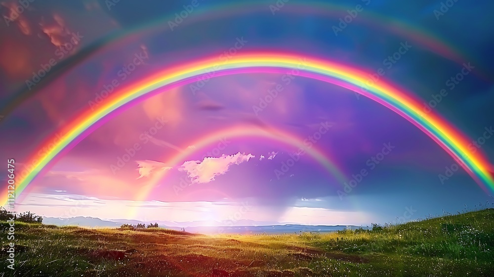 A vibrant double rainbow arcing across a field after a rainstorm. A vibrant double rainbow arcing across a field after a rainstorm.
