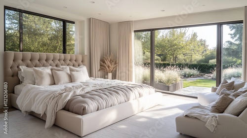 A spacious bedroom with a large upholstered bed, soft, neutral-colored bedding, and natural light pouring in from oversized windows overlooking a private garden. photo