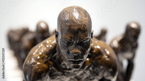 Bronze sculpture of a man's head with a focused and determined expression, surrounded by other similar figures in the background photo