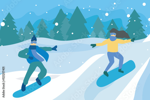 Winter mountain landscape. Ski sport vector illustration with snowy hills, Alps. Winter sports. Skiing and snowboarding