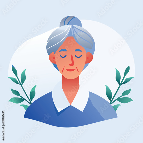 Elderly woman in a blue shirt. Vector illustration in flat style