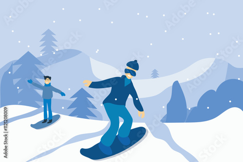Winter mountain landscape. Ski sport vector illustration with snowy hills, Alps. Winter sports. Skiing and snowboarding