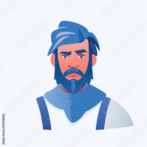 Vector illustration of a bearded man in a blue cap and shirt.