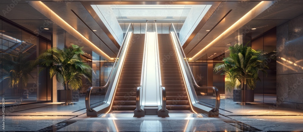 Fototapeta premium Illuminating Modern Corporate Office with Glass Escalators and Sleek Design Elements showcasing a sophisticated and technology driven workspace in an urban high rise building
