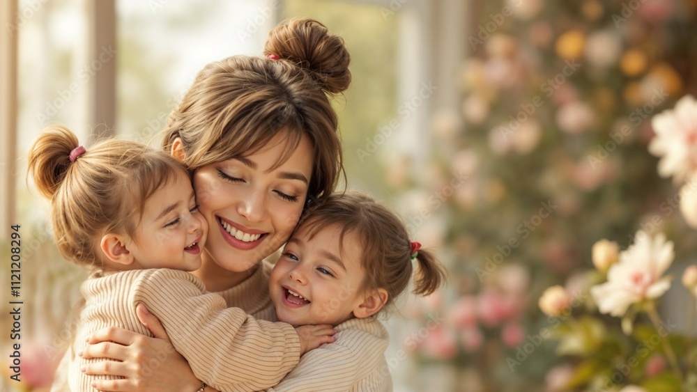 Mother's Day. Mother hugging two daughters joyfully in a floral indoor setting for Mother's Day concept Mother's Day. Mother hugging two daughters joyfully in a floral indoor setting for Mother's Day concept