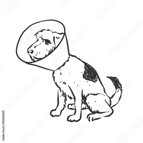 Injured Dog with Protective Cone Vector Illustration