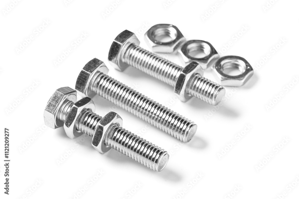 Tap bolts with chrome nuts isolated on white background Tap bolts with chrome nuts isolated on white background