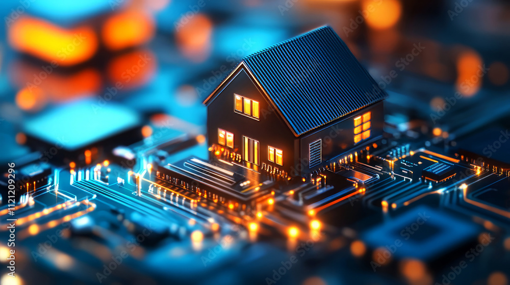 Digital Home Concept with Mini House Model on Circuit Board Background and Glowing Lights Digital Home Concept with Mini House Model on Circuit Board Background and Glowing Lights